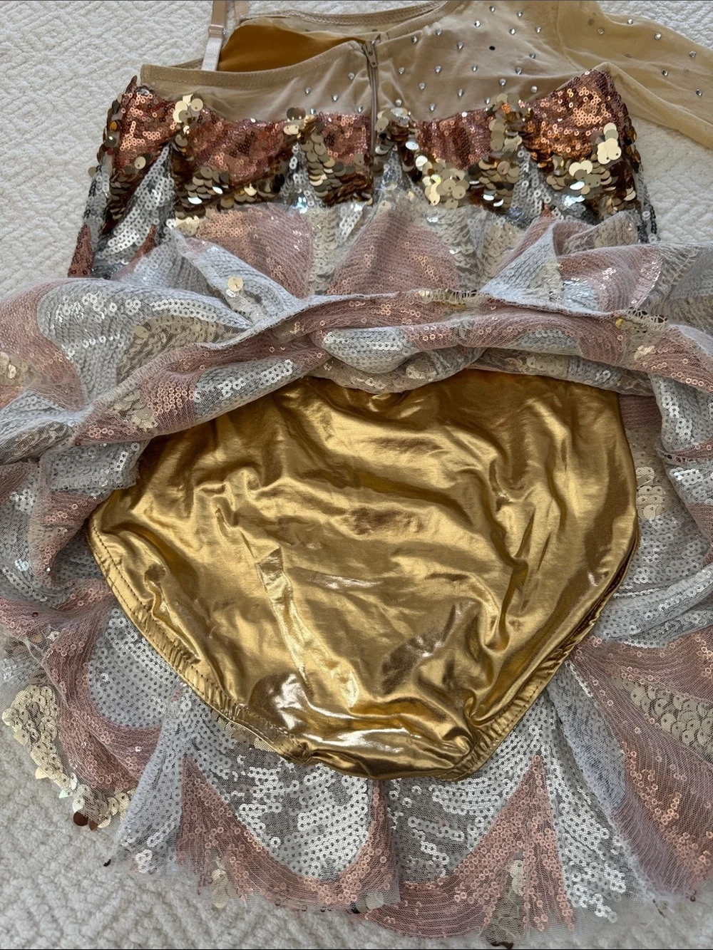 Weissman Sequin One-Shoulder Dance Dress in Gold and Silver